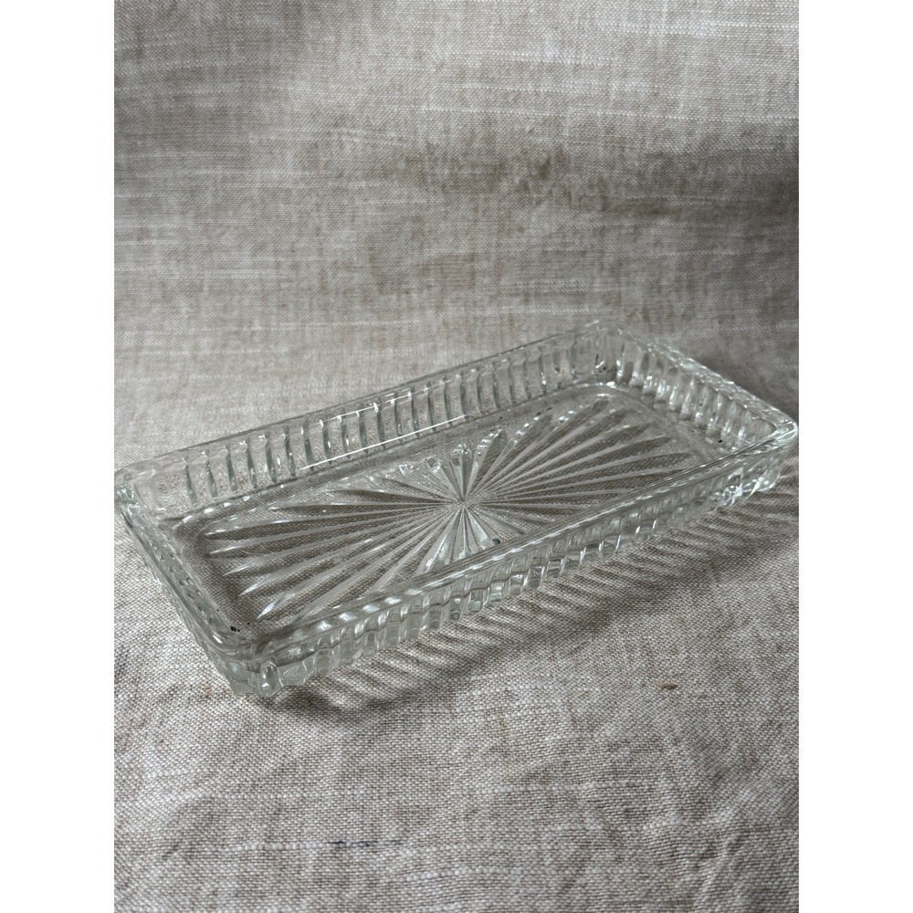 Vintage Cut Glass Trinket Tray Rectangular Starburst Vanity Dish
